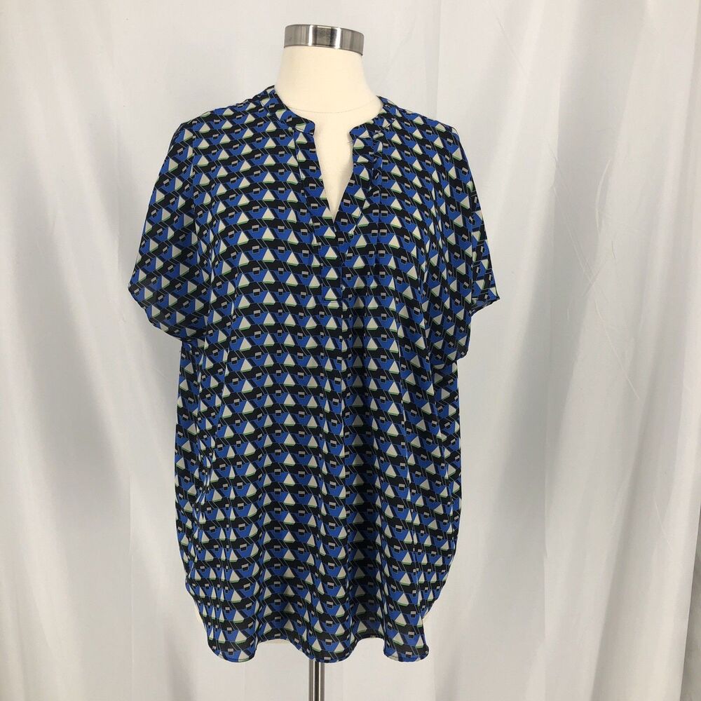 Jones & Co Jones New York Blue Geometric Blouse Short Sleeve V Neck Top XL